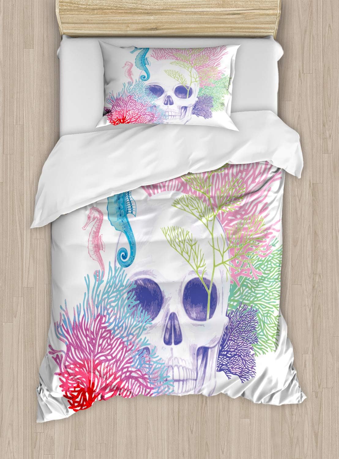 Ambesonne Animal Duvet Cover Set, Halloween Skull Skeleton Head Coral Reef Dead Aquarium Pirate Wildlife Image, Decorative 2 Piece Bedding Set with 1 Pillow Sham, Twin Size, Blue