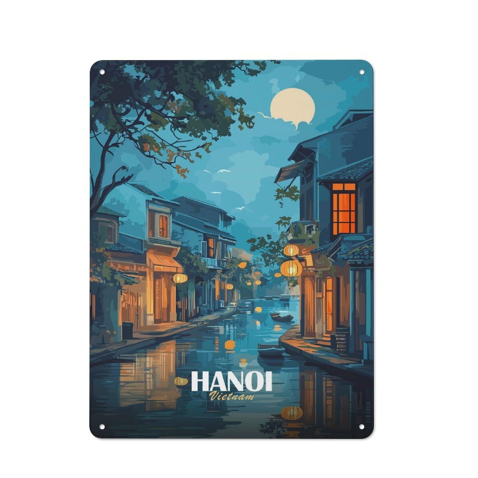 Hanoi, Vietnam Canal at Night Country Metal Wall Decor 40x30cm, Tin Wall Plaque for Cottage, Kitchen, Hallway Or Breakfast Nook