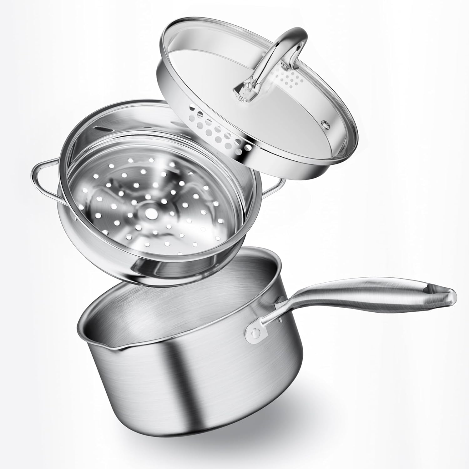 Leetaltree 1.5 Quart Stainless Steel Saucepan with Steamer Basket, Tri-ply Construction, Versatile Sauce Pan with Double-sized Drainage Lid - Perfect for Cooking Gravies. Pasta, Vegetable and More - Amazon product rated Grade C