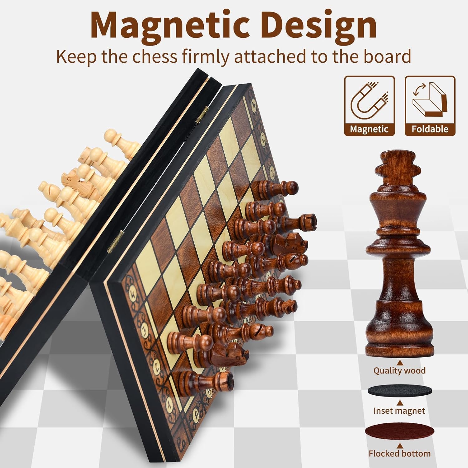 Aissom Scacchiera in Legno,2 in 1 Scacchiera Pieghevole,Magnetici Scacchi, Backgammon con slot di archiviazione, Dama per Bambini e Adulti Feste (29 * 29cm)