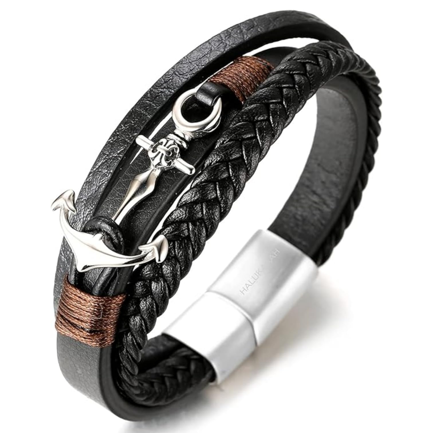 HALUKAKAH● Vela ● Pulsera Hombre Cuero Genuina Hecho a Mano Trenza Ancla Pulsera Cierre Magnético Mate de Titanio Acero Inoxidable Tamaño Ajustable 21.5-23cm con Caja de Regalo