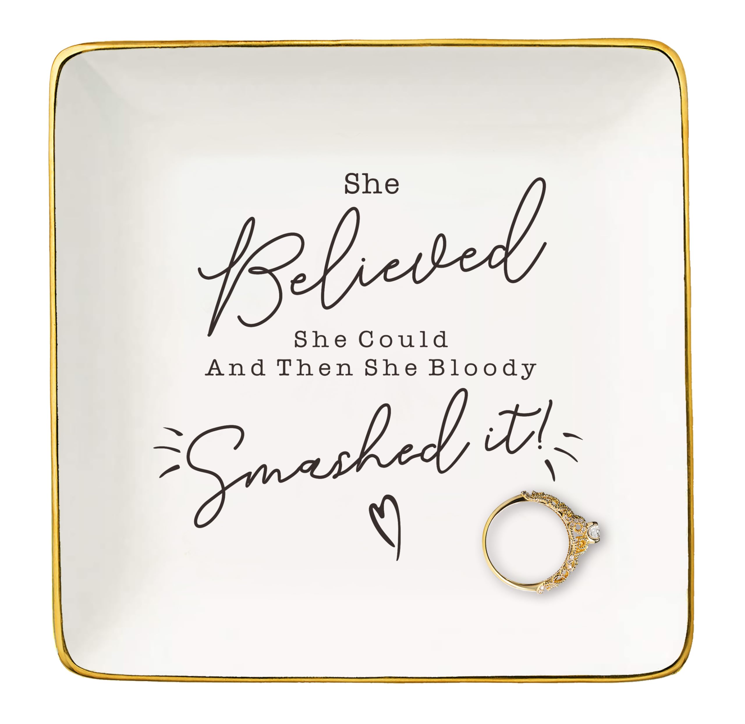 Nzy Women's White Inspirational Quotes Gift-Congratulation Gift-Affirmation Gift-Reminder Gift-Positive Motivational Gift,Encouragement Gift,She Believed She Could-Christmas Gift-Jewelry Tray Trinket Holder Ring Dish