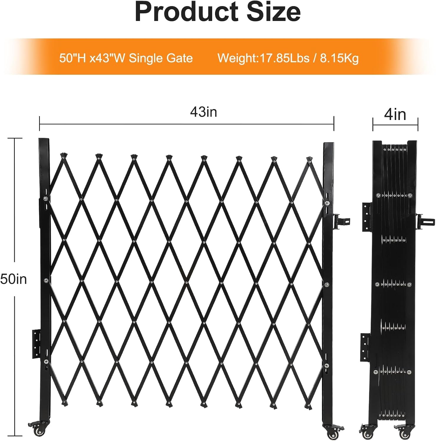 Single Folding Security Gates, 50" H x 43" W Flexible Expanding Security Gate, Scissor Gates Folding Security, Aluminum Security Gate, 360° Rolling Foldable Gate, Portable Safety Barrier with Casters