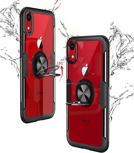 Miniatura 3 de Funda con anillo para iPhone XR, diseño de fibra de carbono de cristal transparente, antiarañazos, con soporte de anillo de rotación de 360 grados