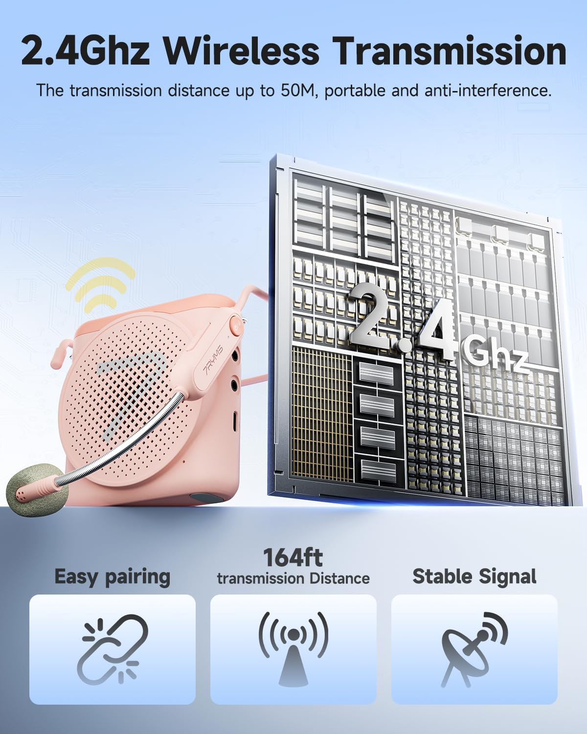 7RYMS WA1 Wireless Voice Amplifier with Headset Microphone for Teachers, Personal Power Amplifier with Noise Canceling, 164ft Range, 23H Working, Microphone Speaker for Teaching, Speech, Yoga(Pink) - Image 5