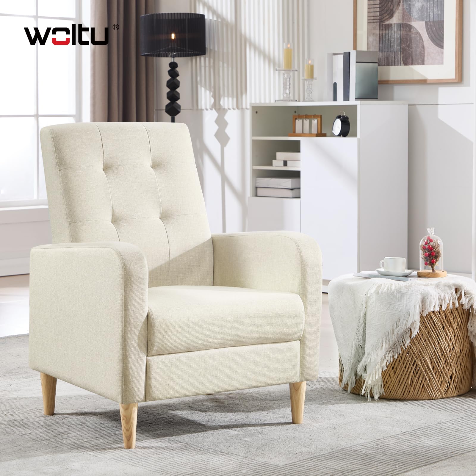 WOLTU Poltrona da Salotto, Poltrona Relax con Schienale Alto, Sedia di Relax con Pieno Legno Massello Piedi, Seduta Imbottita, Rivestimento in Lino, per Salotto, Ufficio, Beige, SKS41be
