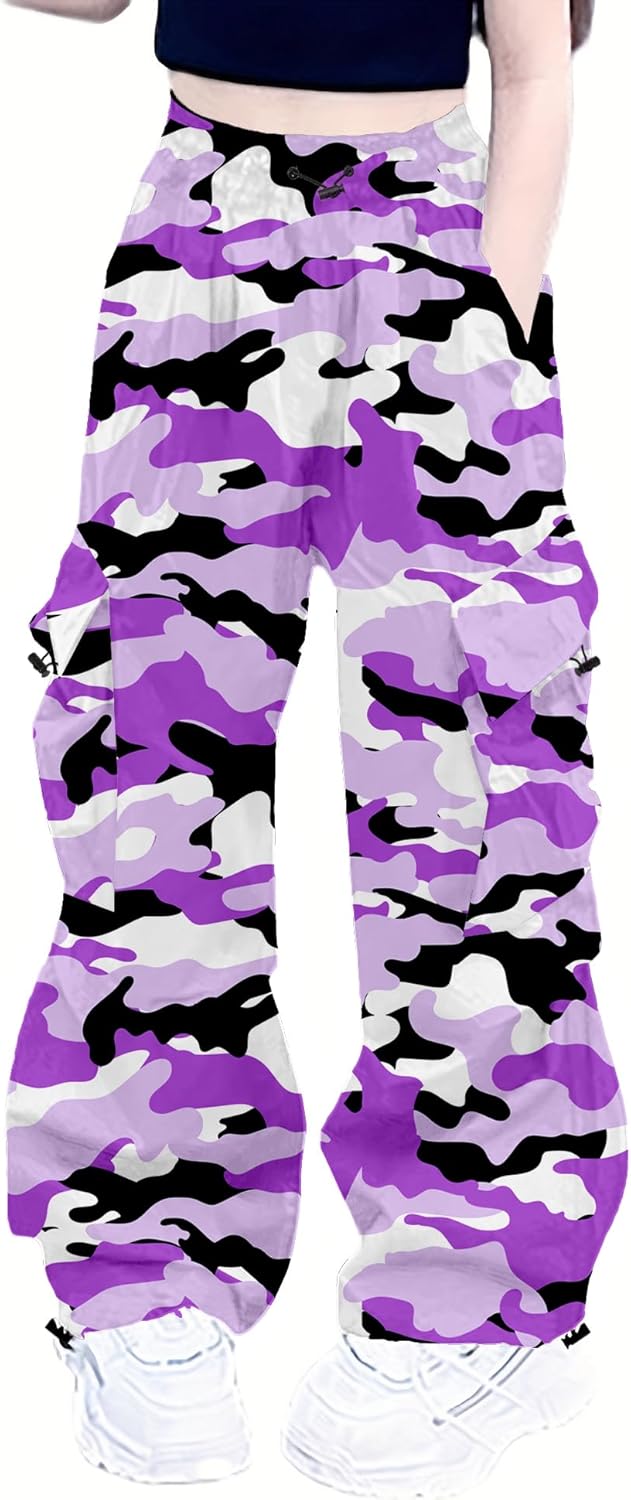 Girls Cargo Pants Elastic Waist Drawstring with Pockets Pants, 6-14 Years