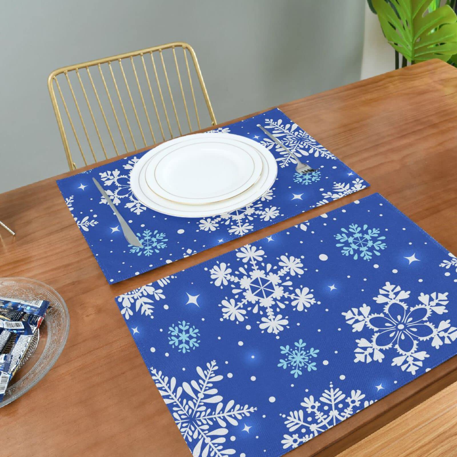 Weihnachtliche Tischsets 6er Set – Blau-weiß Mit Schneeflocken, 30.5x45.7 Cm, Aus Polyester-Baumwolle