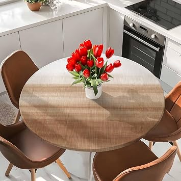 Round Tablecloths with Elastic Edged Gradient Brown Wood Board Fitted Table Cloth Fits Tables up to 45"-54", Abstract Brown White Line Waterproof Table Cover for Indoor Outdoor Party