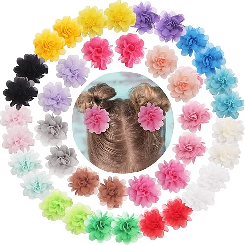 DeD 40PCS 2 Chiffon Flower Hair Bows Clips Flower Tiny Hair Clips Fine Hair for Girls Infants Toddlers Set of 20 Pairs