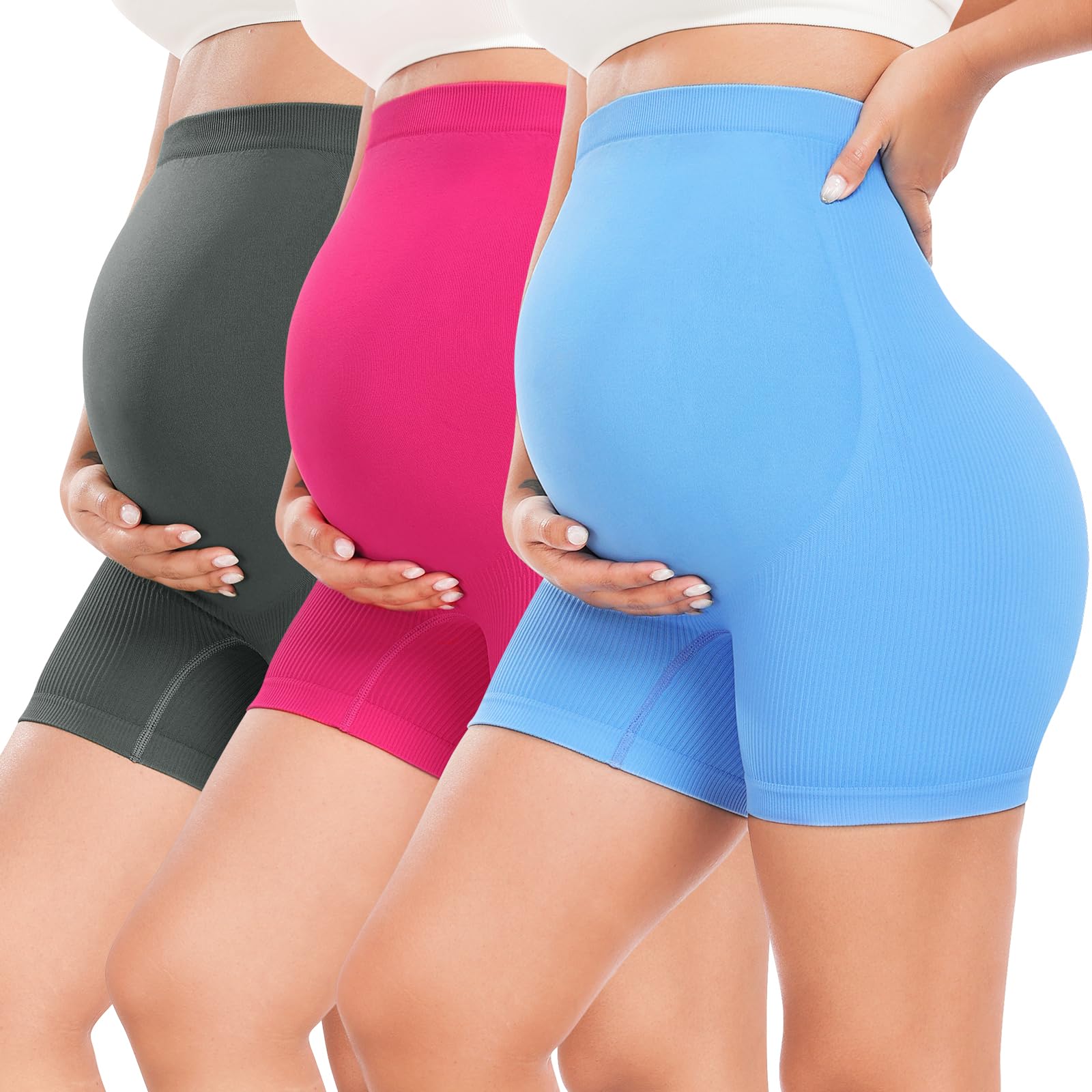 URUWASHI Ribbed Maternity Shorts Over The Belly Seamless 5" Pregnancy Workout Athletic Biker Shorts for Women