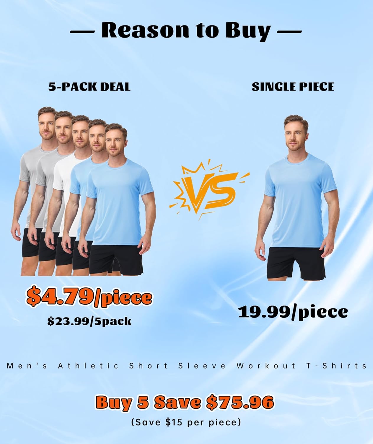 5 Pack T Shirts for Men Swim Shirt UPF 50+ UV Sun Protection Shirts Fast Dry Rash Guard Workout Running - Image 5