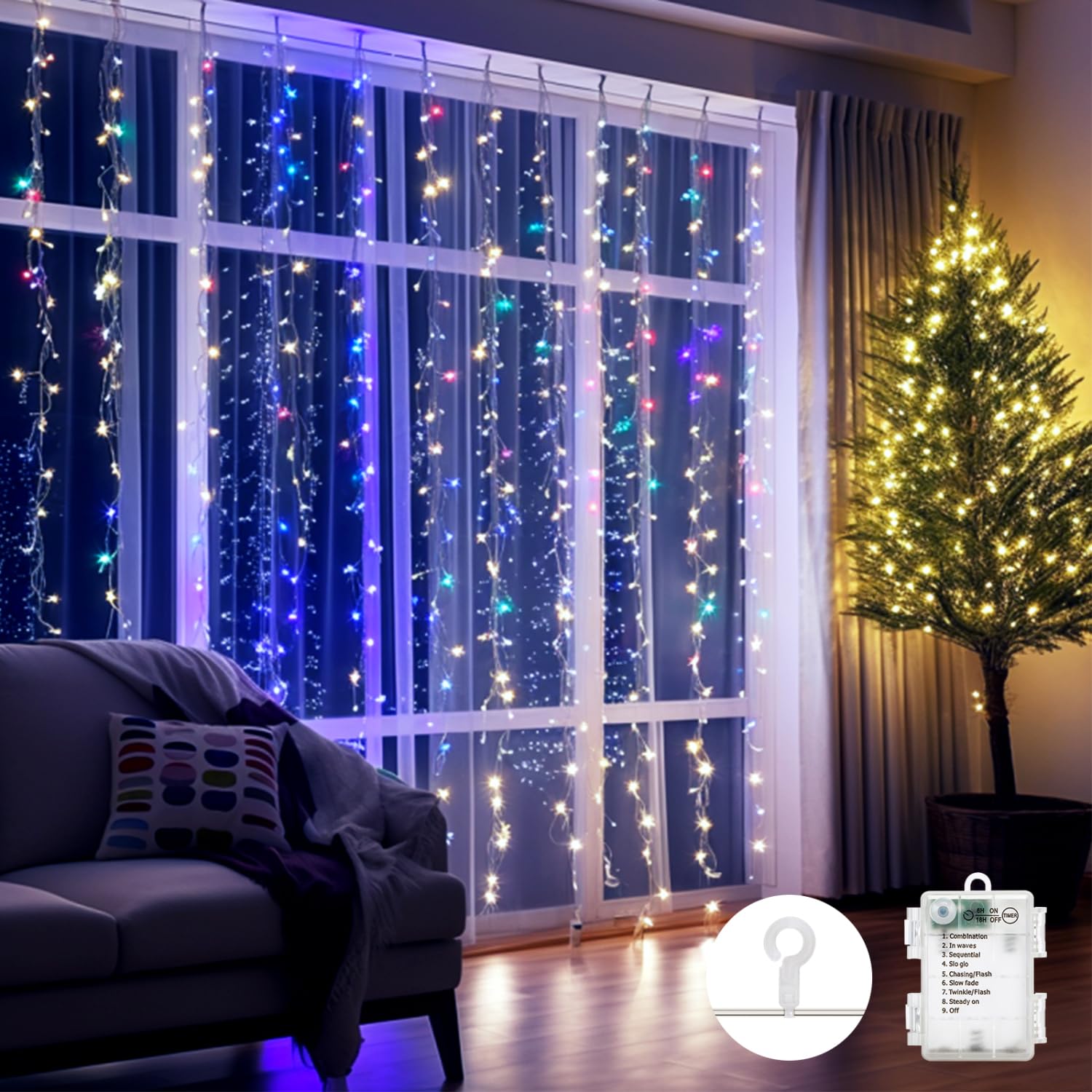 Aigostar cortina luces navidad, 1M*1M, 8 Modos Cadena de Luces con Remoto, 100 LED RGB, temporizador, luces arbol navidad Resistente al Agua, para exterior y Interior, decoracion navidad, Fiestas