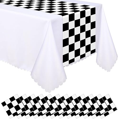 Preboun Camino de mesa a cuadros en blanco y negro de 14 x 108 pulgadas, mantel de bandera de plástico para aniversario, boda, fiesta de cumpleaños,