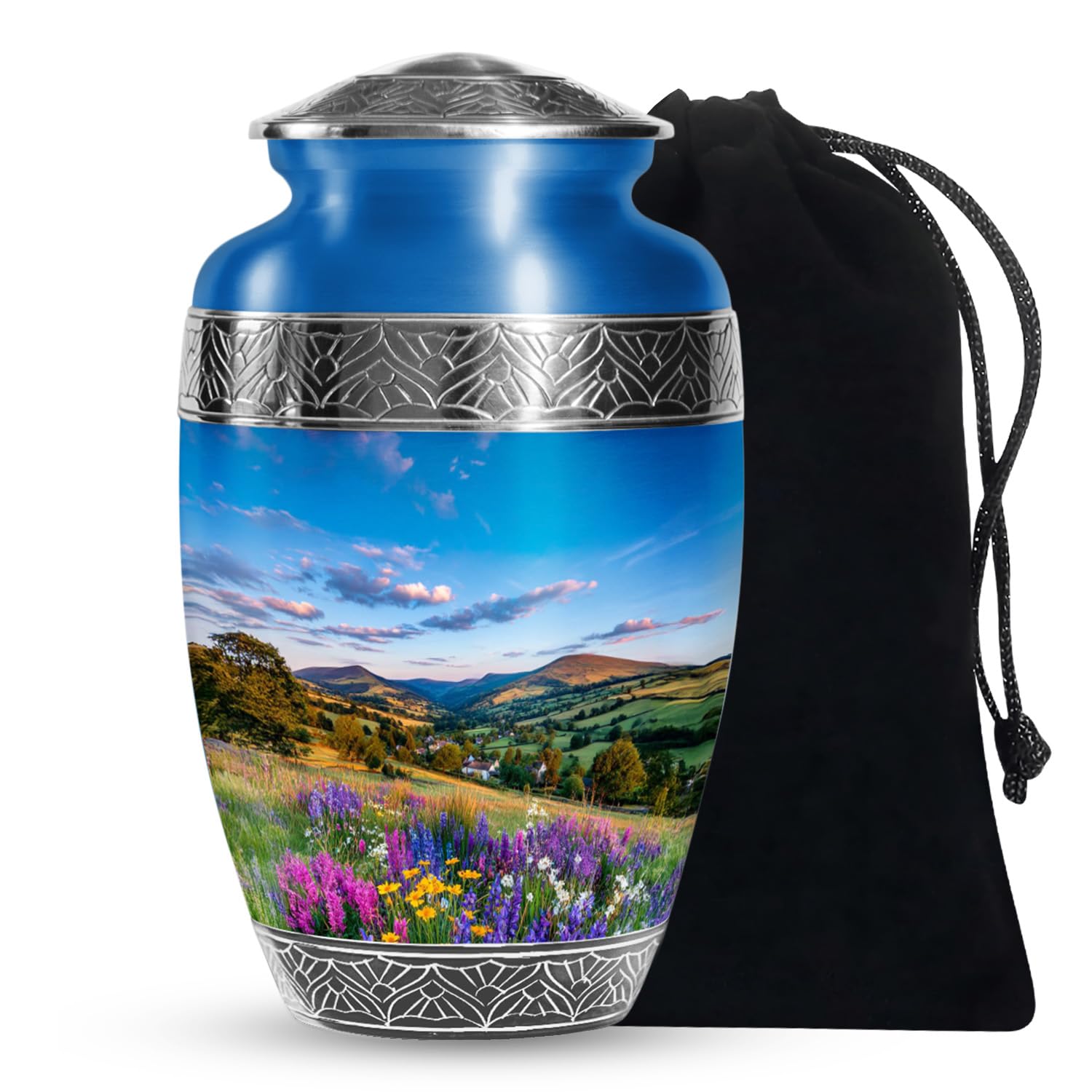 Mountain Wih Flowers Keepsake Urn for Human Ashes Adult Male/Female, Funeral Decorative Urns, Mountain Wih Flowers Keepsake Theme Burial Urns, Cremation Ashes Container, Large Urn 10Inch - 1Pcs