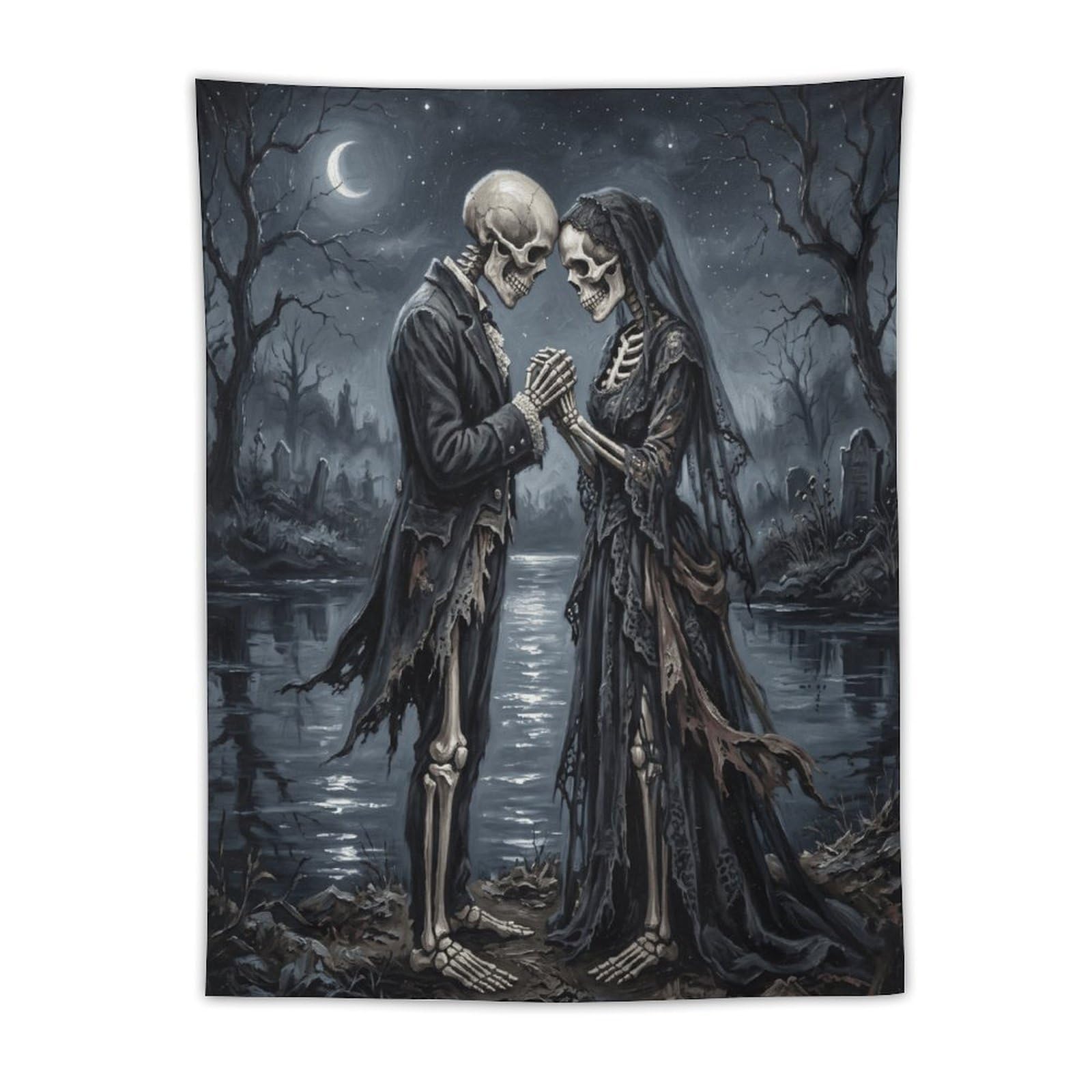 H3B8U2Y5 Moonlit Skeleton Couple Wall Tapestry, Dark Fantasy Illustration