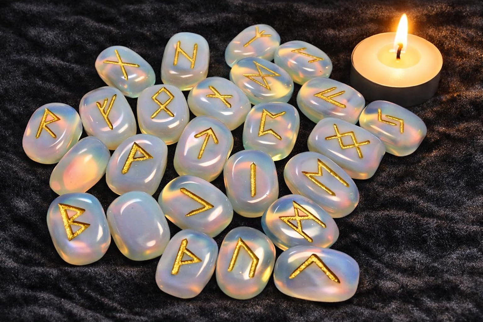Whitewhale Opalite Rune Stones Tumbled Engraved Lettering Crystal Set Healing Chakra Reiki