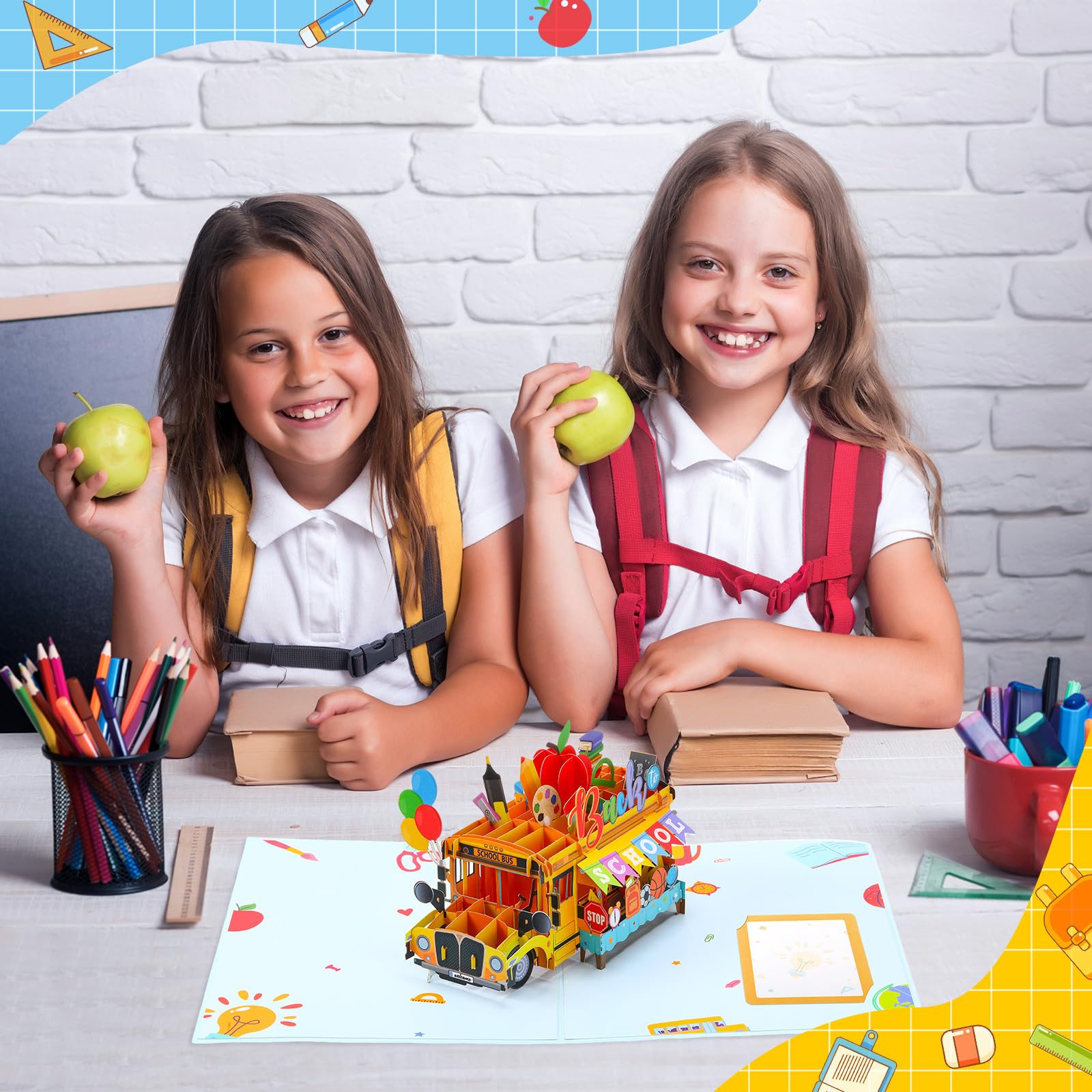 Teling Tarjeta desplegable de regreso a clases con sobre para niños, tarjeta de felicitación 3D para el primer día de escuela, autobús escolar, tarjetas de regalo para estudiantes de aula, nota de