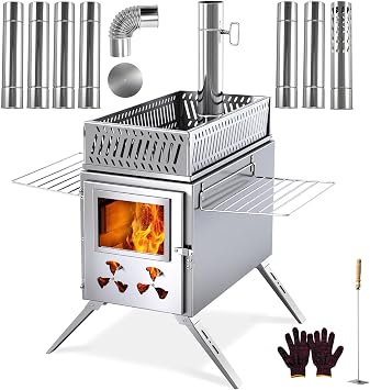 H&ZT Sauna Hot Tent Stove, Portable Wood Burning Stove with Stone Box & 9 Chimney Pipes, Outdoor Rocket Stove Heater for Dry Sauna, Cooking & Winter Heating