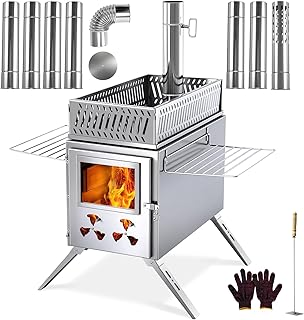 Sauna Hot Tent Stove, Portable Wood Burning Stove with Stone Box & 9 Chimney Pipes, Outdoor Rocket Stove Heater for Dry Sauna, Cooking & Winter Heating