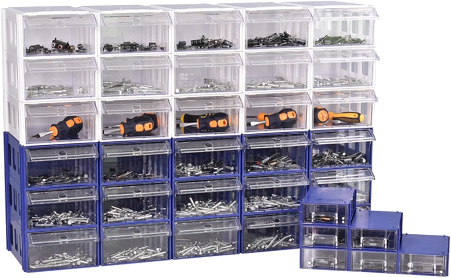 Stackable Drawers Organizer ,Small Parts Transparent Storage Box, Hardware Bead Scrapbook Crafts Nuts Bolts Toolbox Storage Drawers Cabinet ,Garage Modular Component Box, with Dividers and Labels