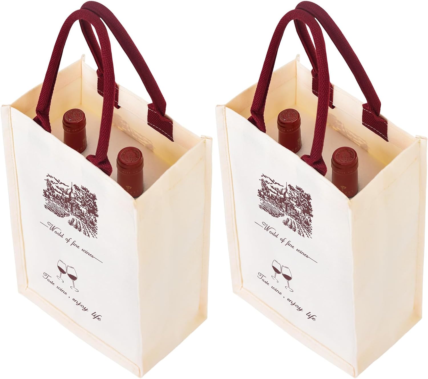 Sturdy Canvas Wine Tote Bag for 2 Bottles, Waterproof with Wine Red Handles & Built-in Foam Padding, Foldable Wine Gift Bags Alternative to Wine Shipping Box, for Party Wedding Wine Lovers, 2-Pack