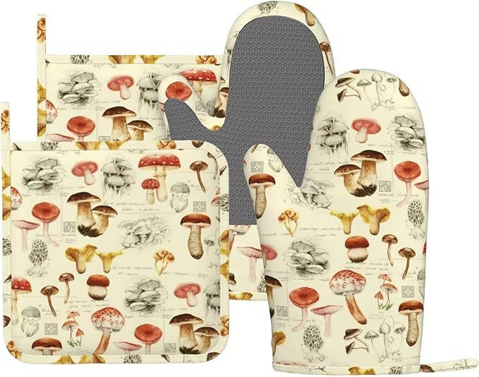 Vintage Wildflower Herbs Floral Rustic Butterfly Oven Mitts and Pot Holders Sets Silicone Kitchen Mitts Potholders Heat Resistant 4Pcs Oven Gloves Hot Pads for Kitchen Baking Cooking
