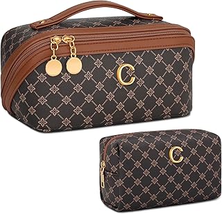 Initial Travel Makeup Bag for Women, Open Fla...