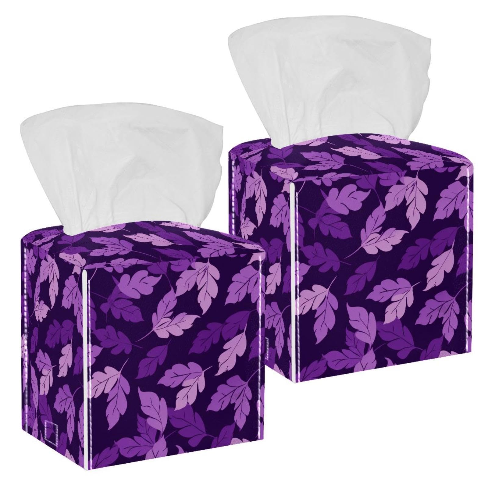 Artistic Leaves Tissue Box Cover, 2 Pack PU Leather Square Facial Tissue Dispenser Box holder for Home Office Car