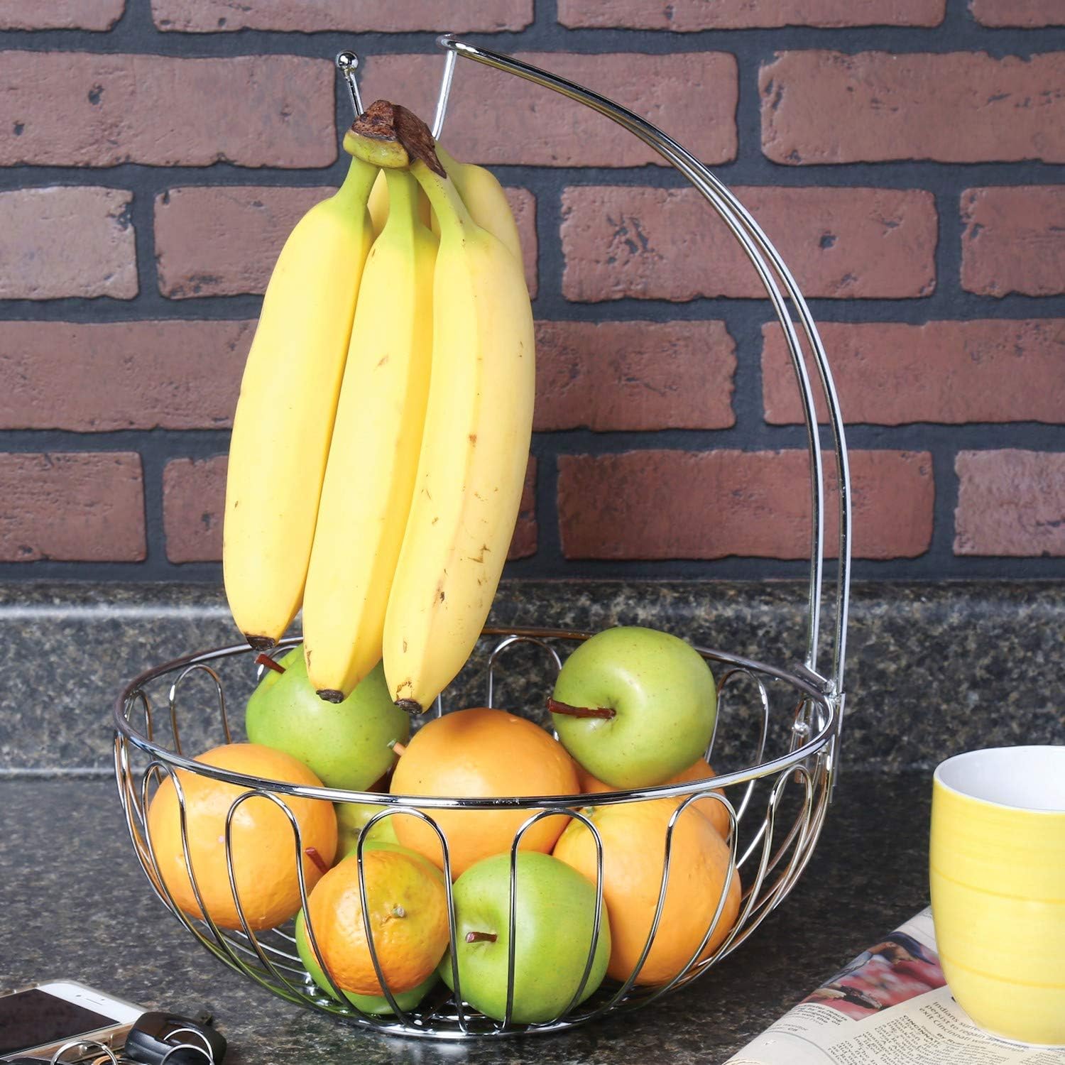 Super Brands HOME DISTRICT Wire Fruit Basket with Banana Hanger - Chrome Finish Countertop Food Storage Bowl with Hook