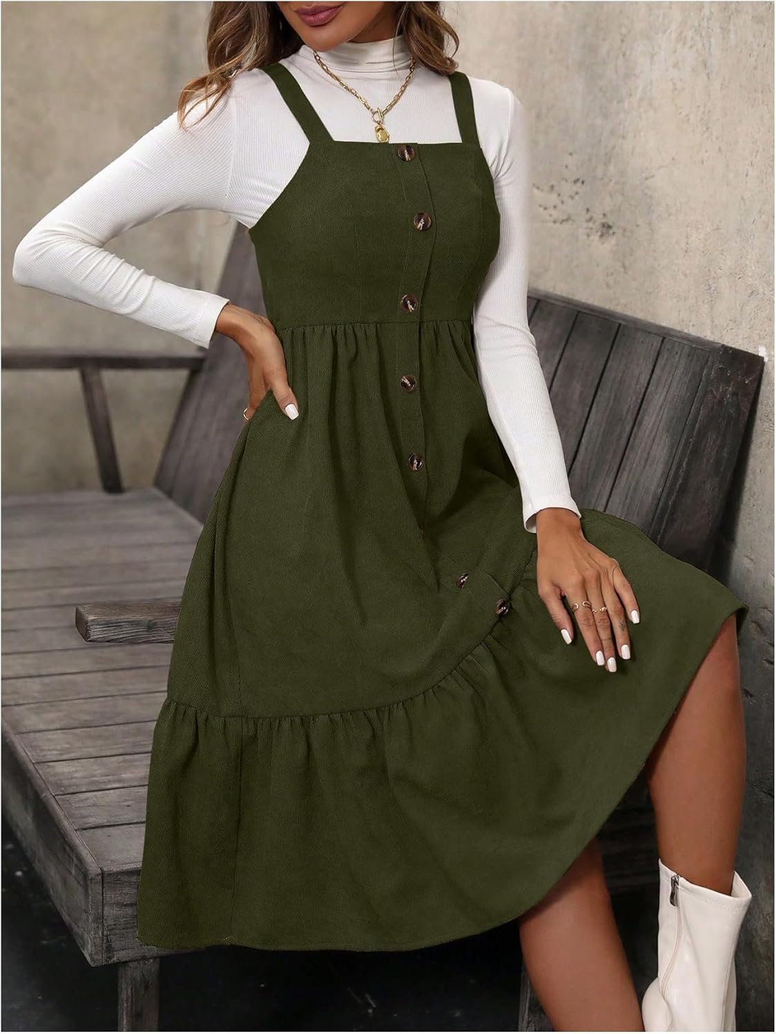 WDIRARA Women's Button Front Sleeveless Ruffle Hem Pinafore Dress Corduroy Jumper Dress - Image 6