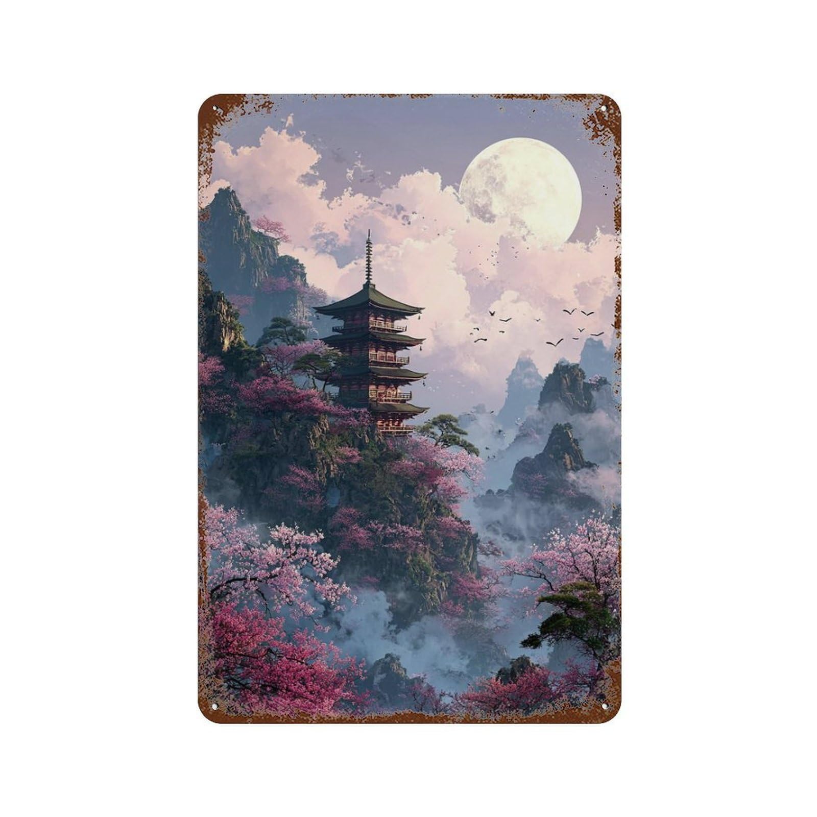 Cherry Blossom Pagoda Moonlit Landscape 11.8"x7.9" Distressed Metal Wall Sign, Industrial Home Decor for Patio, Garden Room And Bar Decor