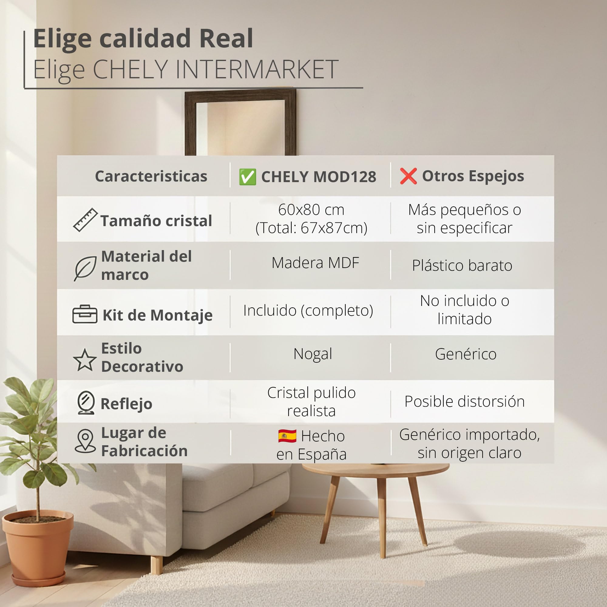 CHELY INTERMARKET MOD128 Espejo Pared Vertical Decorativo Grande Estilo Moderno Marco Madera Cuerpo Entero Elegante 60x80 cm Nogal Ideal Recibidor Dormitorio Baño Incluye Kit Montaje