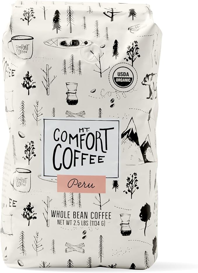 Mt. Comfort Coffee Organic Peru Medium Roast, 2.5 Pounds - Flavor Notes of Nutty, Chocolate, & Citrus - Sourced From Small, Peruvian Coffee Farms - Roasted Whole Beans