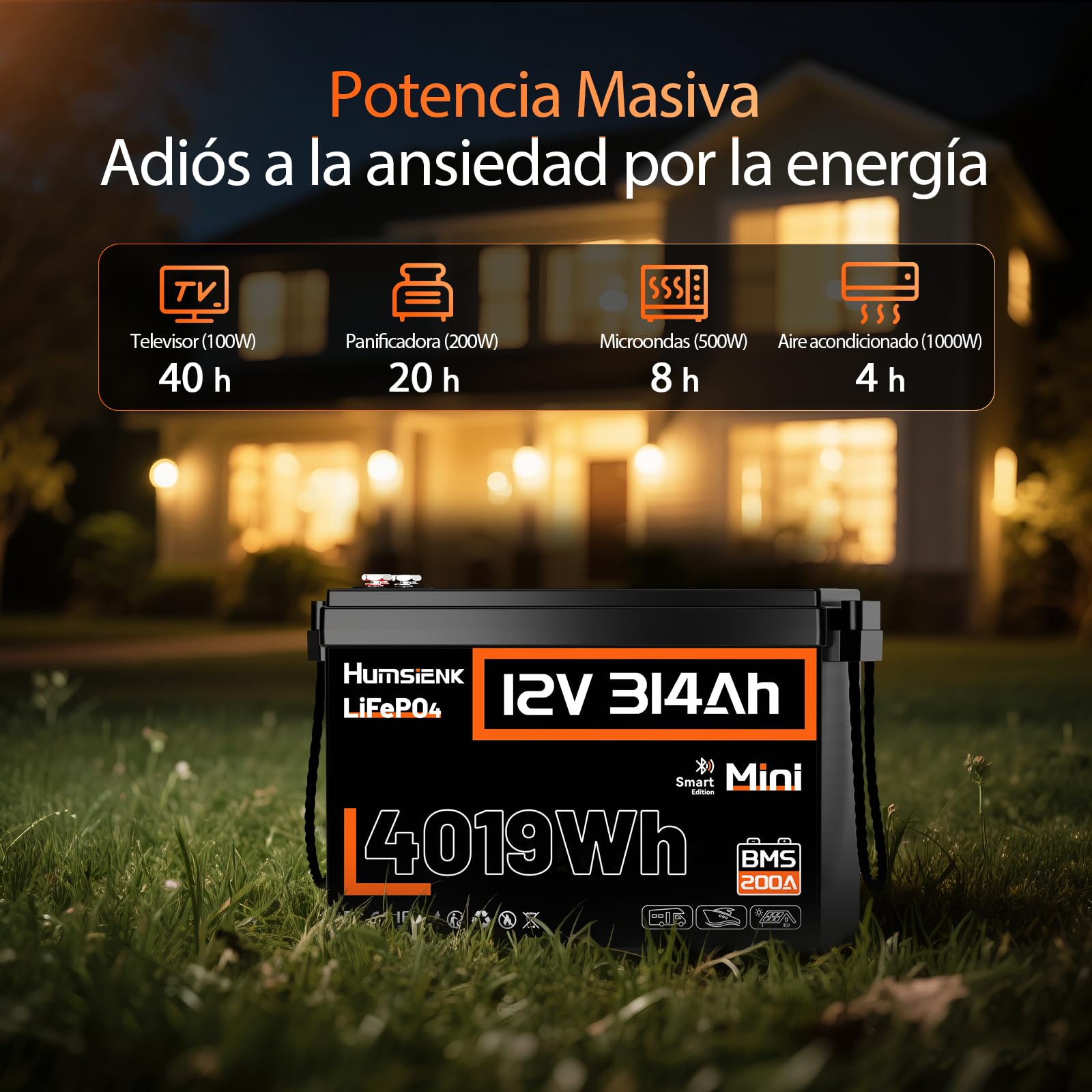 Humsienk Batería Litio LiFePO4 12V 314Ah con Bluetooth, 4019Wh, 200A BMS con Protección de Baja Temperatura, hasta 6000 Ciclos, Batería Recargable para Autocaravana, Barco, Placa Solar y Caravana