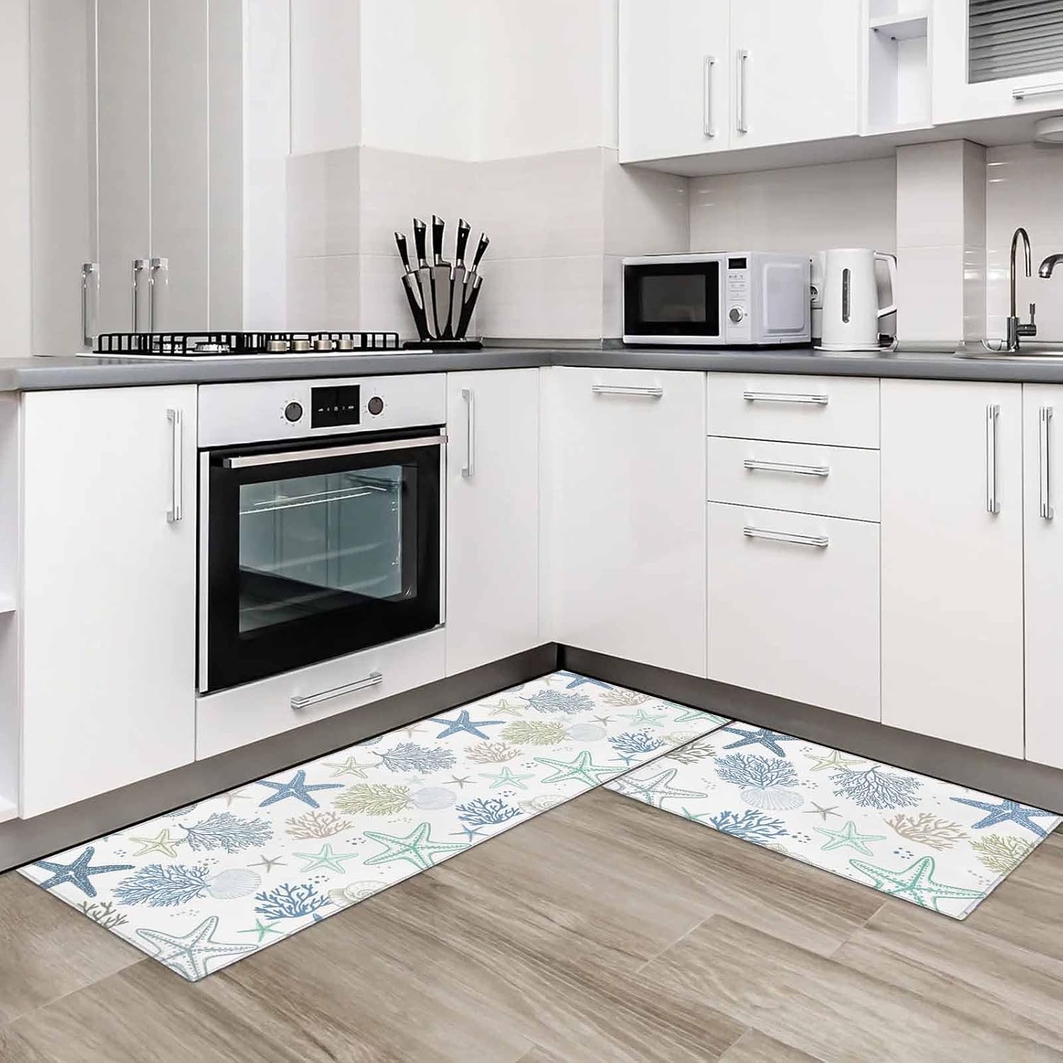 Kitchen Mats for Floor Ocean Starfish Coral Conch Washable Non Slip Kitchen Rugs 2PCS, Coastal Blue Teal Marine Creature Absorbent Standing Mats for Sink Office Living Room 15.7x23.6in+15.7x47.2in