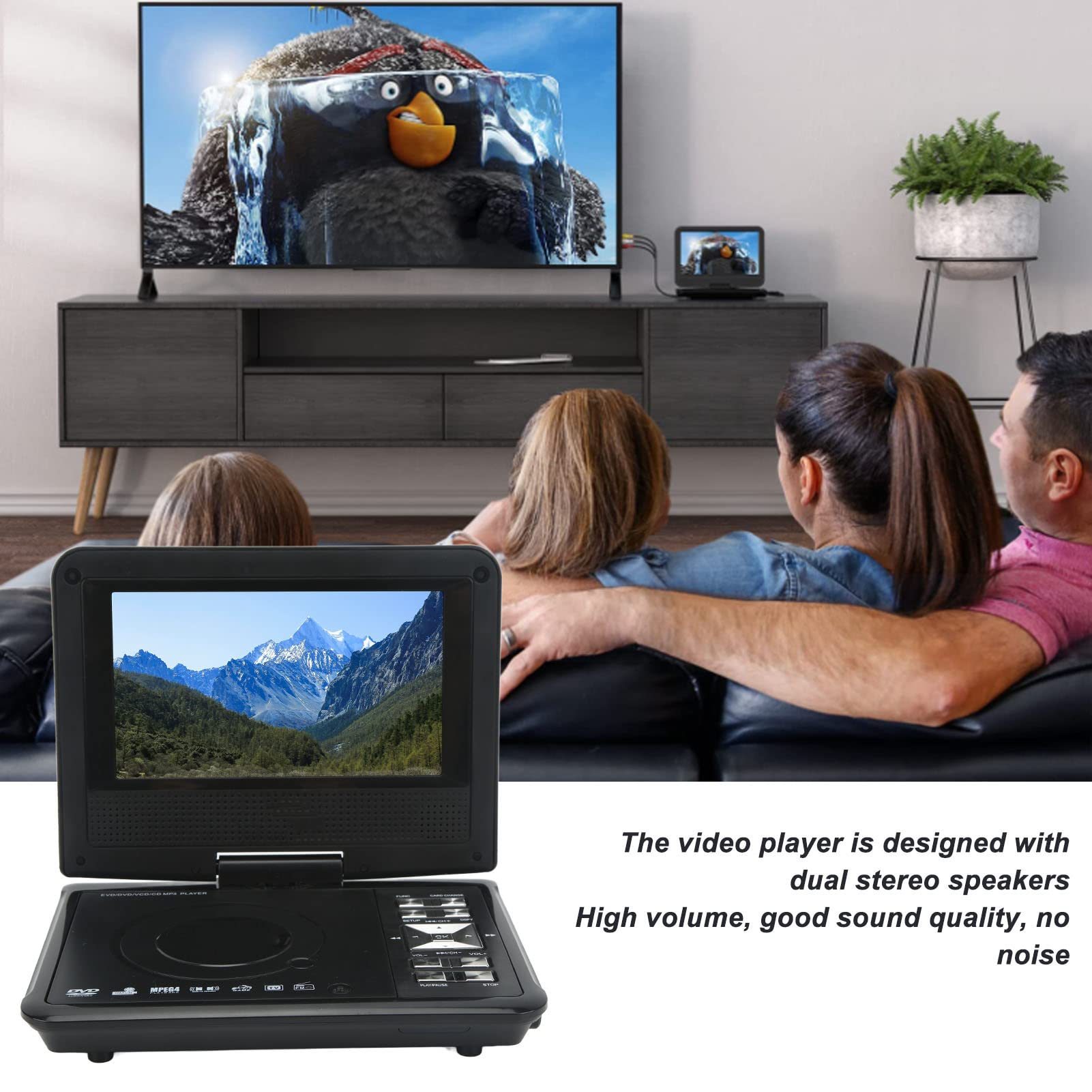 Reproductor de Video para Viajes en Automóvil, Reproductor de DVD Portátil con Batería Recargable de 110‑240V para Automóvil