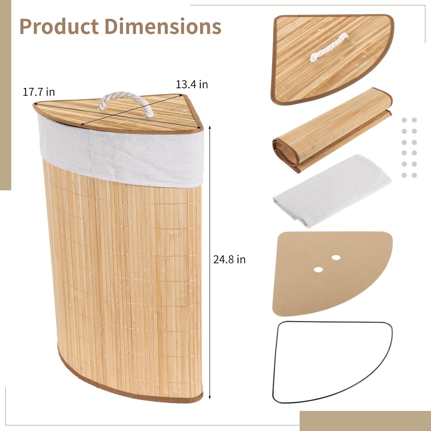 Corner Laundry Hamper with Lid, Foldable Triangle Clothes Hamper, Natural Wood Weave Laundry Basket Bin for Bedroom Bathroom Laundry Room, 25 x 18 in