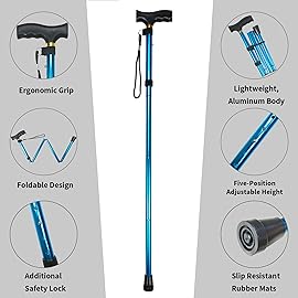 CLOKTA Folding Cane, 5-Level Adjustable Height Lightweight Portable Foldable Walking Canes with Wrist Strap and T Handle for Men Women Seniors (Solid Blue)