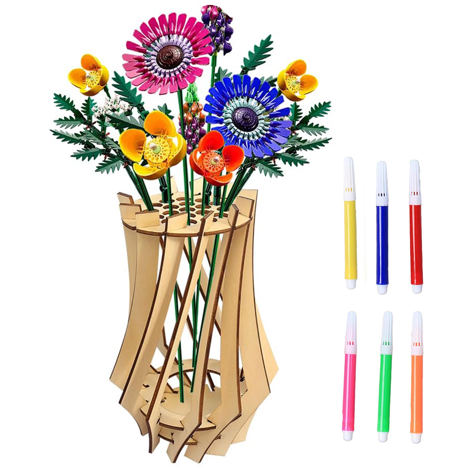Bogoro Florero Rompecabezas De Madera, con 6 bolígrafos de Acuarela, DIY Jarrón de Madera, para Lego Ramo de Flores, Puede Almacenar Rosas Lego, Girasol, Narcisos, Amantes de Las Flores Lego