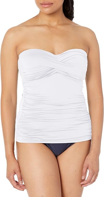 Anne Cole Womens Solid Twist Front Shirred Bandeau Tankini Swim Top, White, Medium