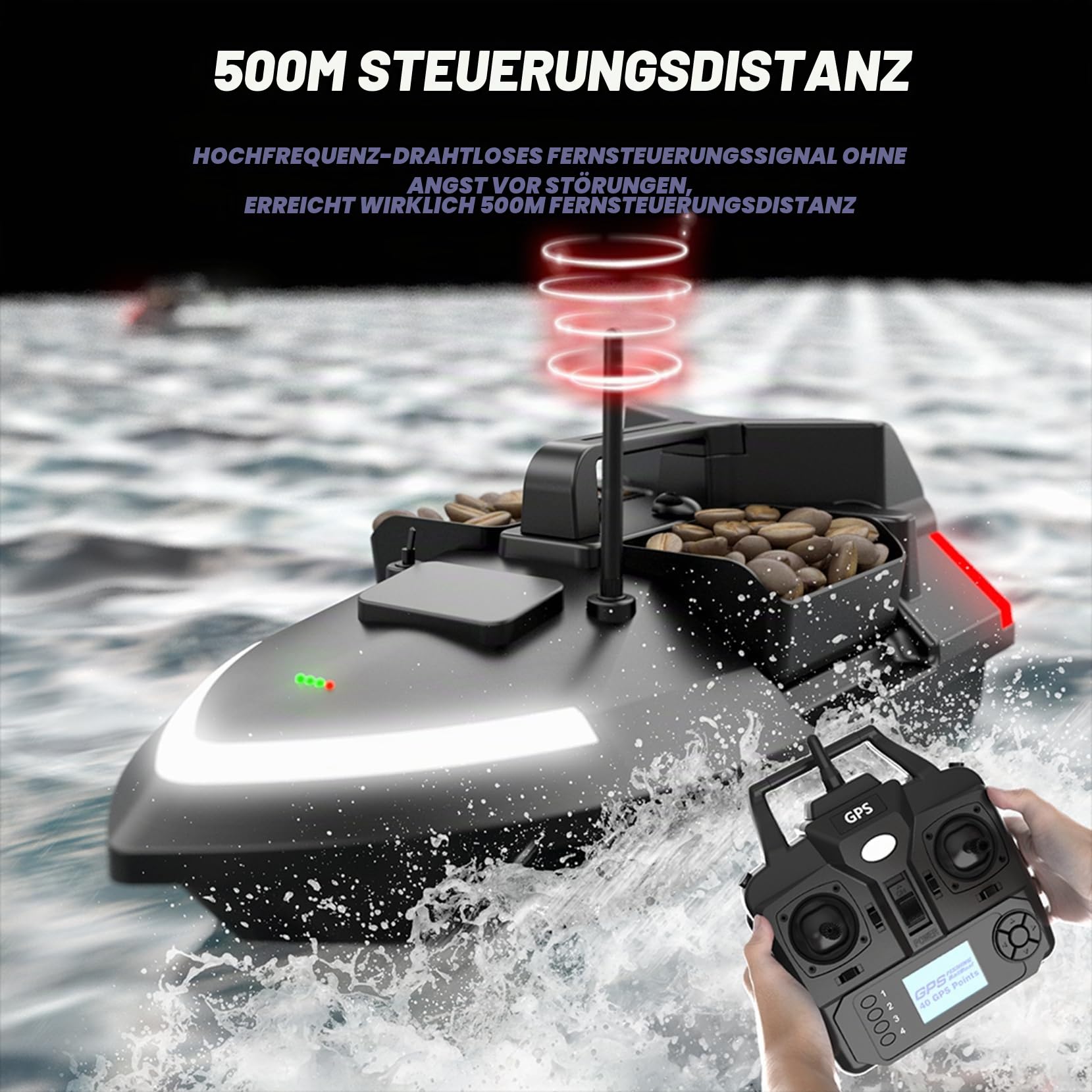 Angelköder-Boot RC Boot 500M Entfernung GPS Köder-Boot GPS Postion Mit Doppel Motors,12000mAh,40 Speicherpunkten