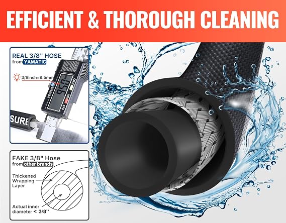 YAMATIC 3/8 Pressure Washer Hose 100 FT with Stainless Steel Quick Connect | 4000 PSI Industrial Grade Steel Wire Braided With Swivel 3/8 Fittings, Never Kink, 35F212F Hot/Cold Water Use