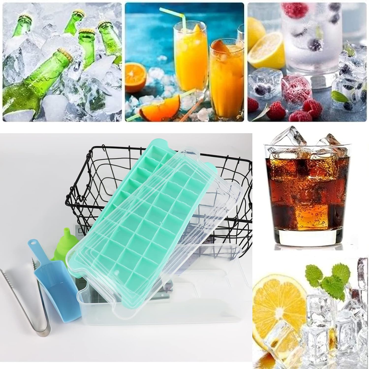 FADIKX Ice Cube Tray With Lid and Bin,36 Nugget Food-grade Silicone Ice Tray,Flexible Ice Cube Molds Comes with Ice Container, Scoop,Ice Tongs Silicone Funnel and Cover (Green, 2 * 36 cubes suits)
