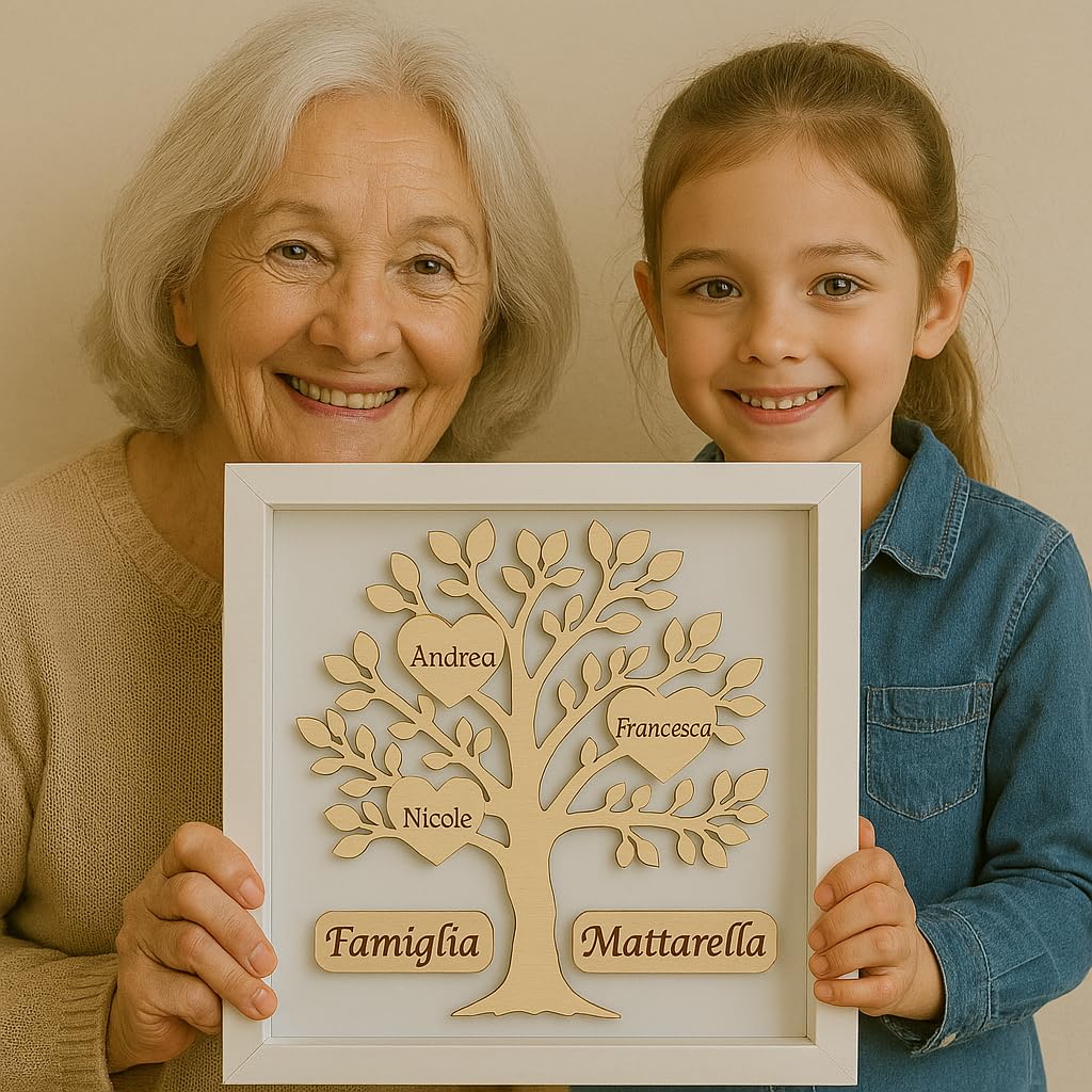Stileitaliano Quadro Personalizzato Albero della Vita in Legno con Cornice, Regalo Famiglia con Nomi Incisi, Decorazione da Parete o Tavolo, Bianco