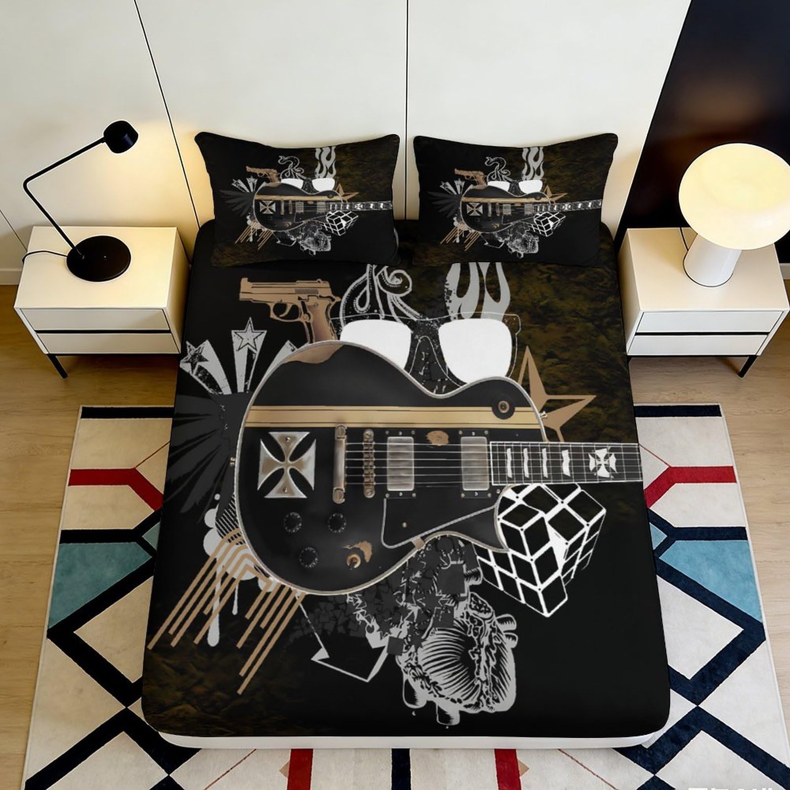 3D Printed Electric Guitar Fitted Sheet Microfiber Black Artistic Bed Cover for Bedroom Dorm Mattress Protection Decor 120x200x25cm