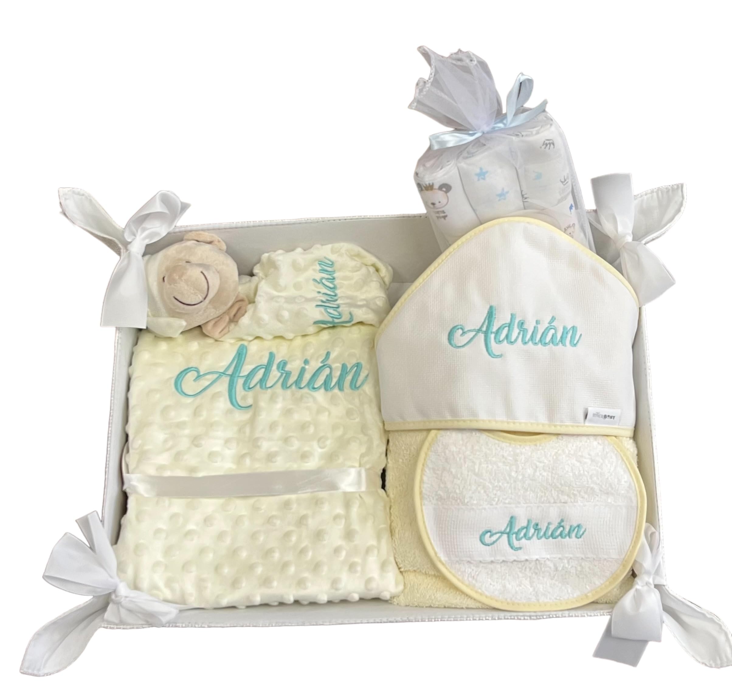 Danielstore Canastilla Bebé Personalizada Cesta Regalo Incluye Manta + Dou Dou + Pack Gasas + Toalla Baño Bebé + Babero Personalizado Regalo para Recién Nacidos (Beige)