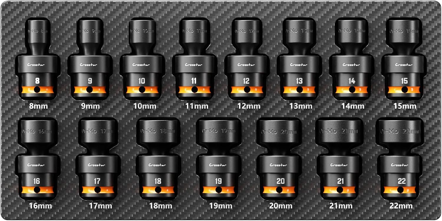 Crosstar 15-Piece Swivel Socket Set - 3/8" Drive Universal Impact Sockets (8-22mm) Metric, 6-Point CR-MO Steel, EVA Foam Organizer | Flexible Wobble Design for Tight Spaces