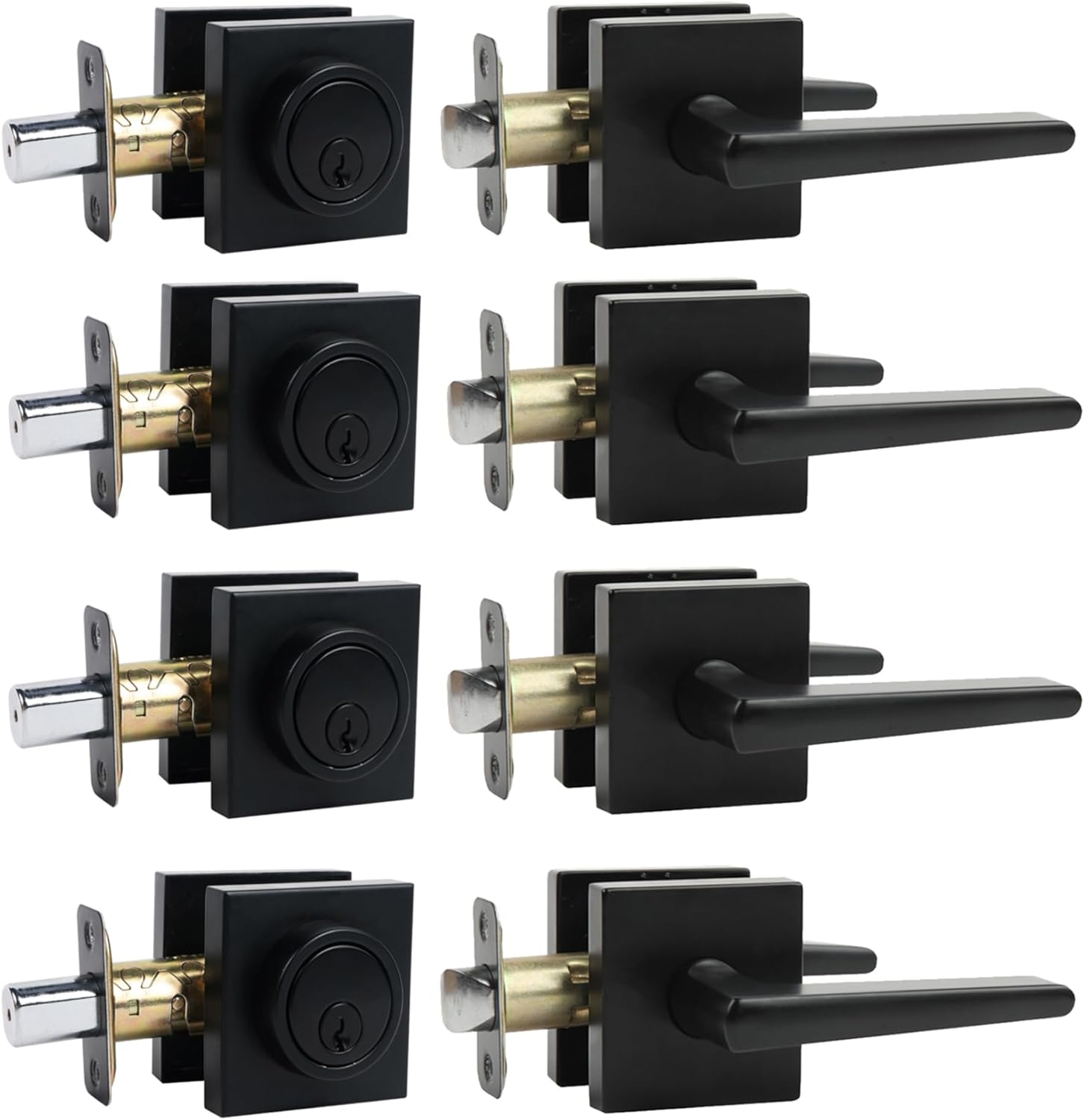 Deadbolt Lock and Door Knob Set, Exterior Door Lock Set with Deadbolt, Square Door Knobs Exterior and Deadbolt Set, Heavy Duty Entry Door Lever with Single Cylinder Deadbolt, (Matte Black 4Pack)