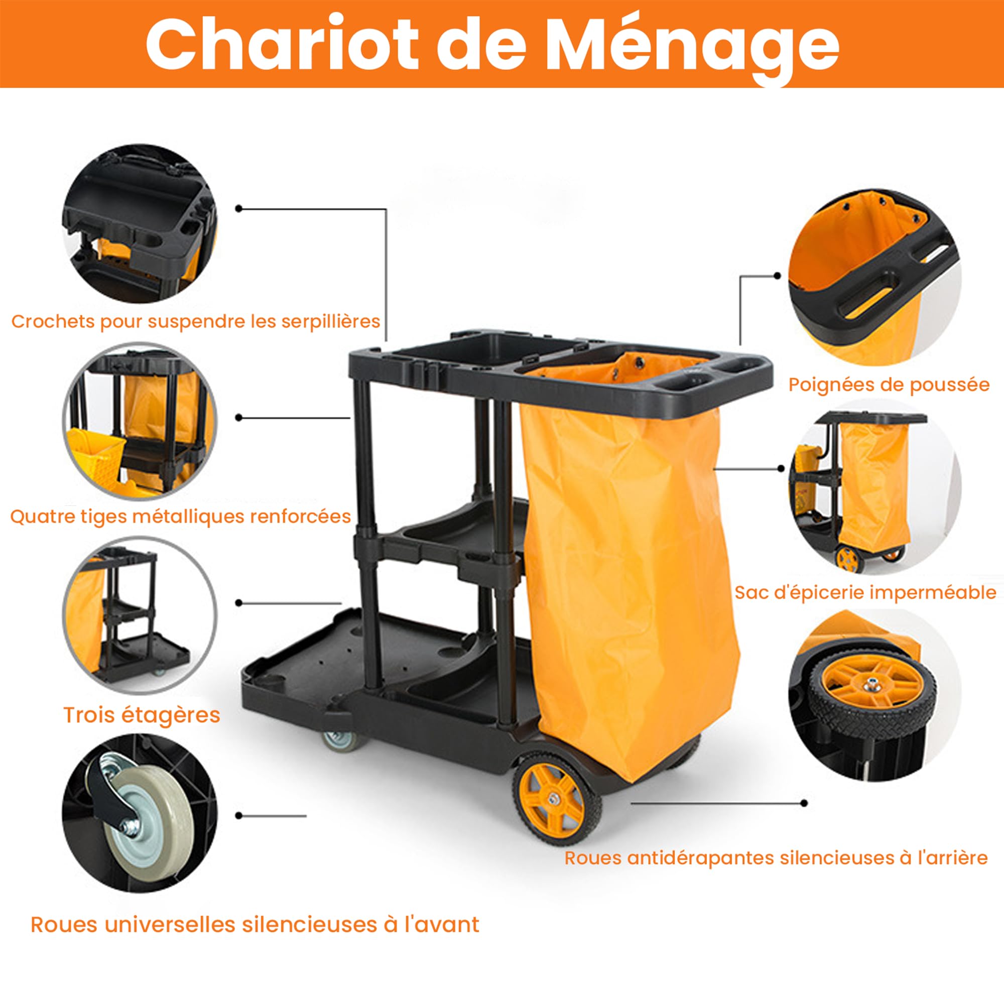 uyoyous Chariot de Ménage Professionnel 3 Niveaux, Chariot de Nettoyage 113 x 56 x 93 cm avec 65 L Sac Déplacement Outil D’Entretien Lavage pour Hôtel Bureau Noir